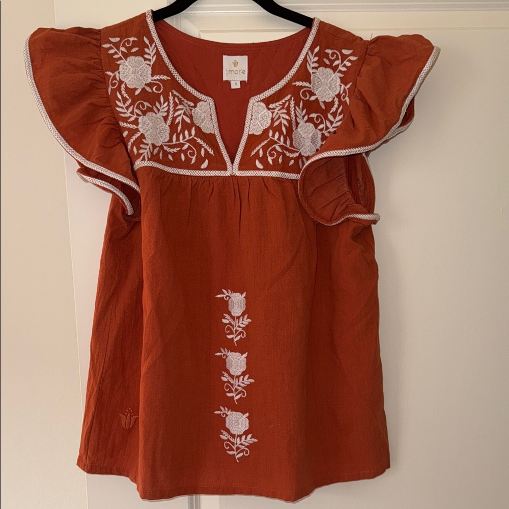 J.Marie Embroidered Ruffle Sleeve Floral Top